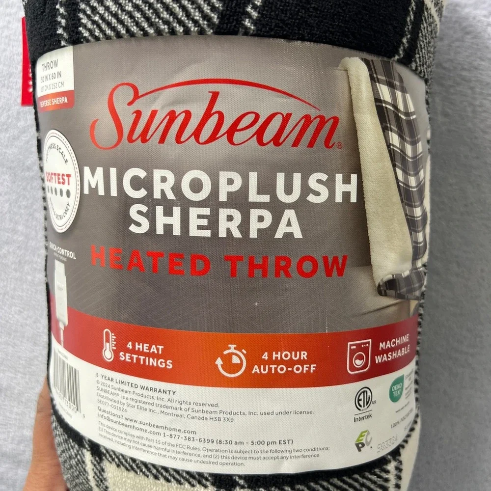 Sunbeam Microplush Sherpa Heated Throw Blanket 50x60 Black Plaid 4 Heat Auto Off